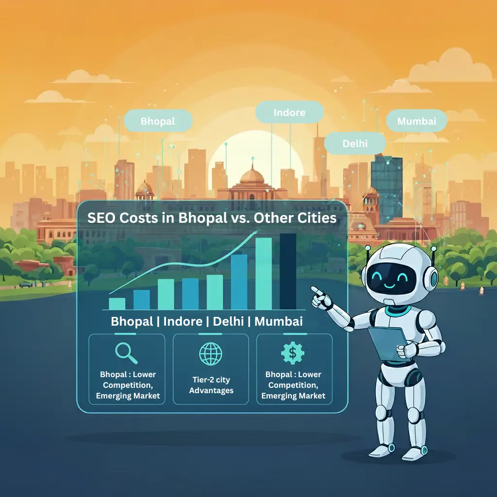 SEO Costs in Bhopal Vs Other Cities illustration.