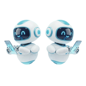 Two AI robots using digital devices representing SEO automation and analytics.