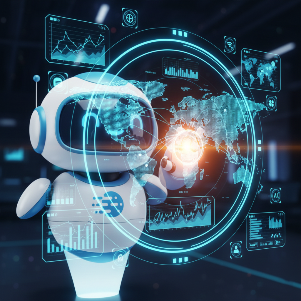 AI robot analyzing global data through futuristic digital dashboards