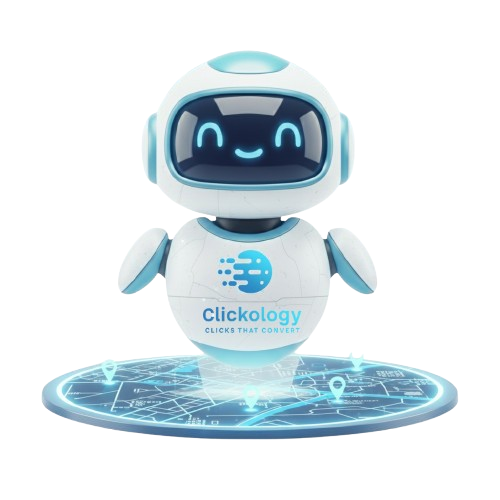 Friendly AI chatbot robot with a smiling digital face, floating above a futuristic holographic interface.